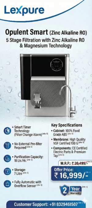 Lexpure Opulent Smart Zinc Alkaline RO Water Purifier For Home